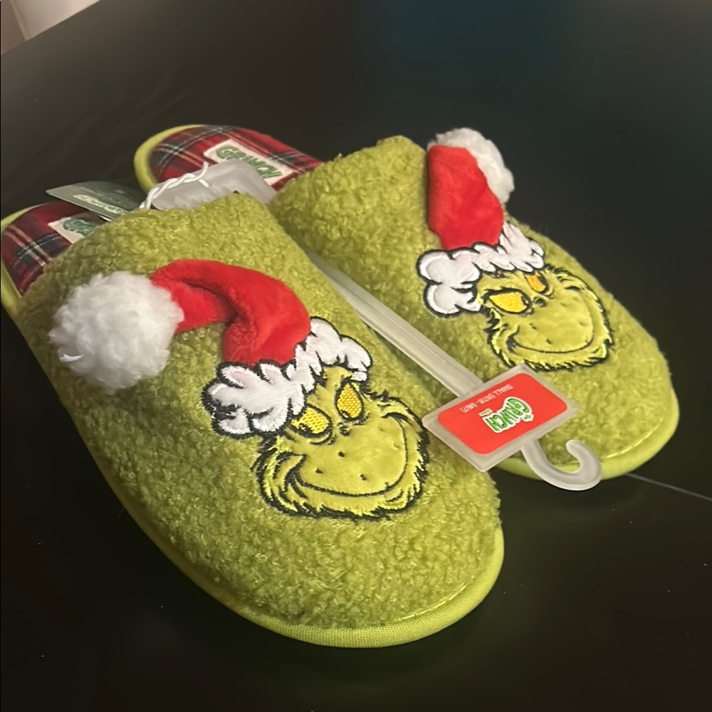 Dr. Seuss Grinch Green Slippers with Red Santa Hat